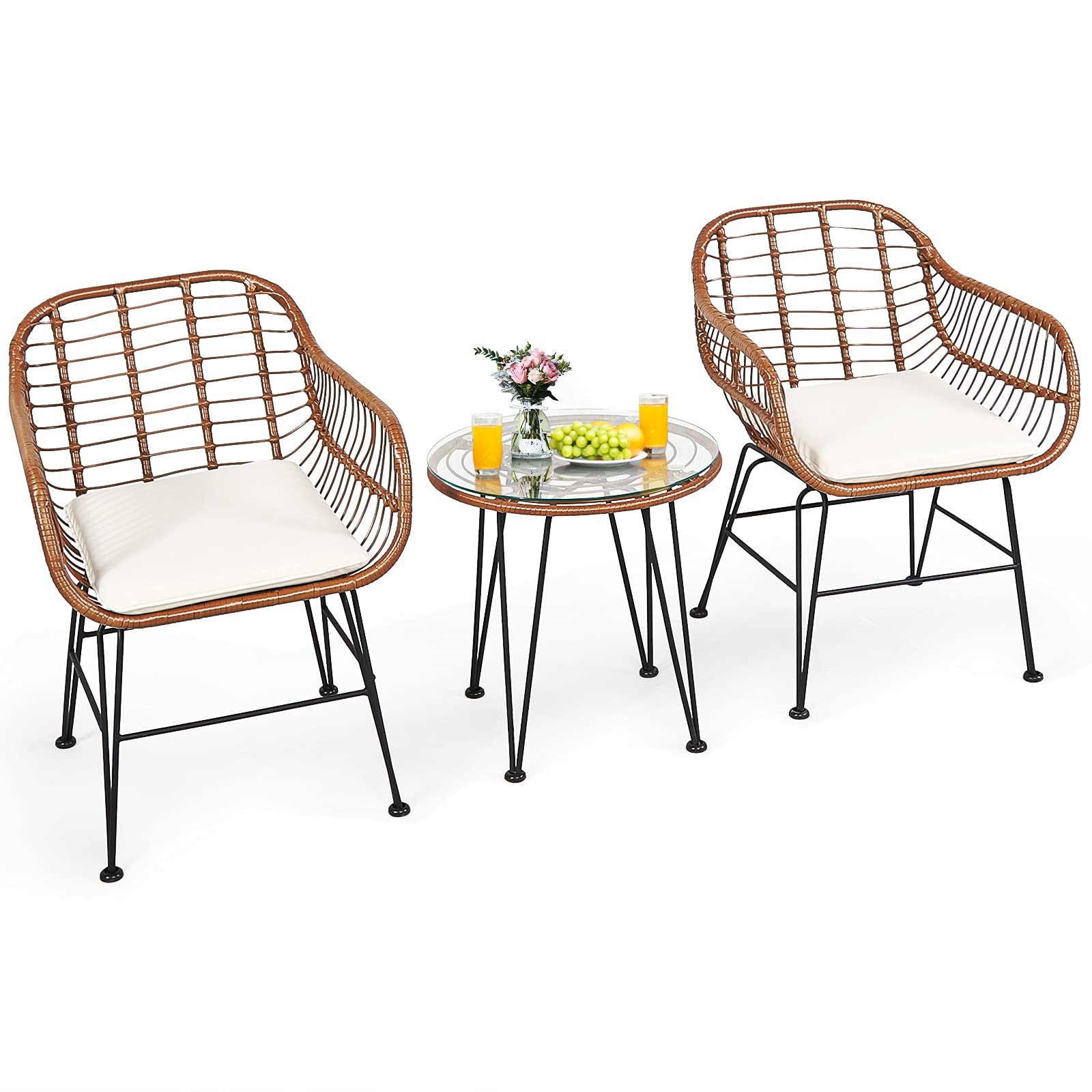 Tangkula 3 Pieces Patio Conversation Bistro Set, Outdoor Wicker Furniture W/Round Tempered Glass Top Table & 2 Rattan Armchairs, Bistro Chat Set W/Seat Cushions For Porch, Backyard, Garden