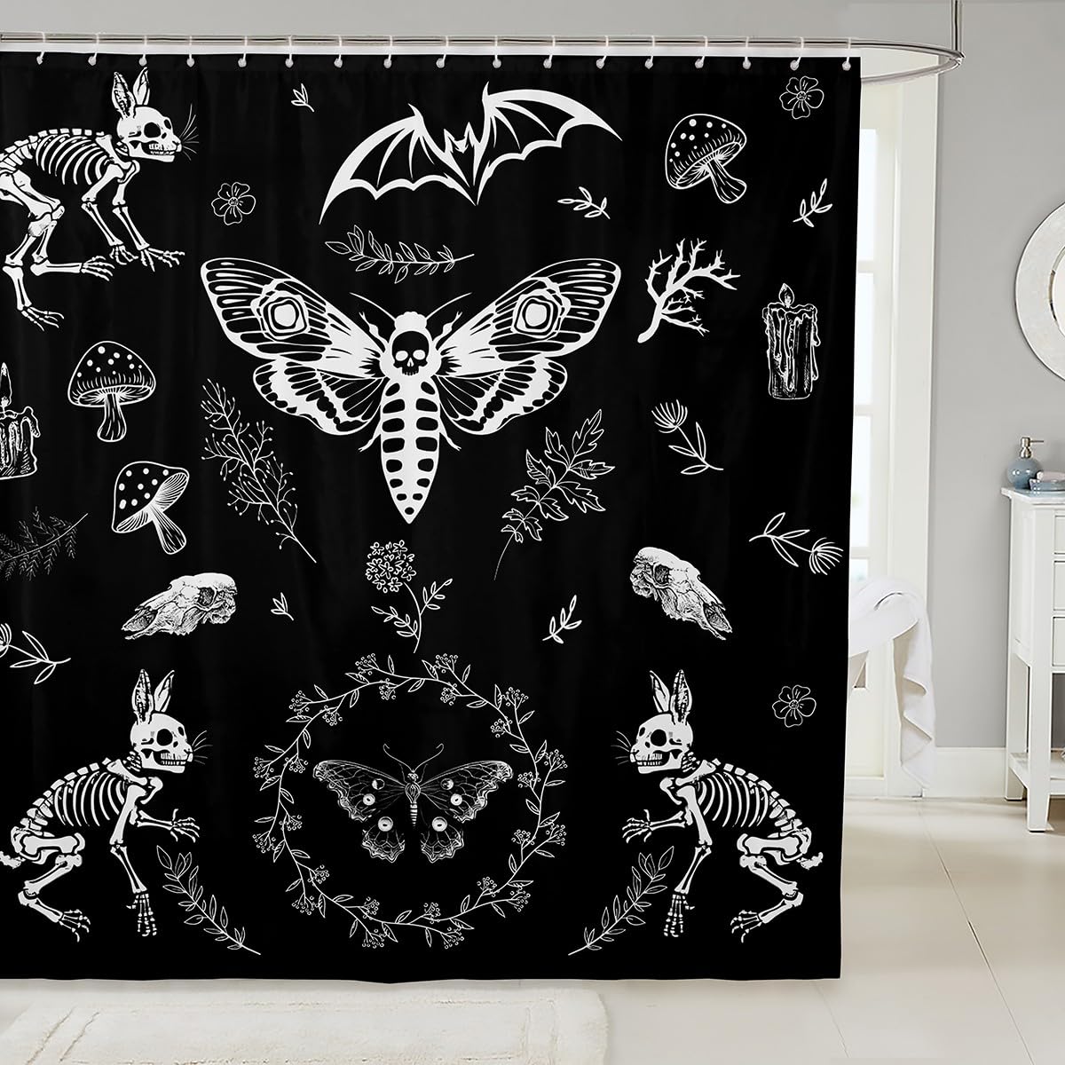 Moth Skull Shower Curtain for Bathtub Boho Personalized Animal Skeleton Btahroom Shower Curtains Halloween Gothic Bones Bath Cur