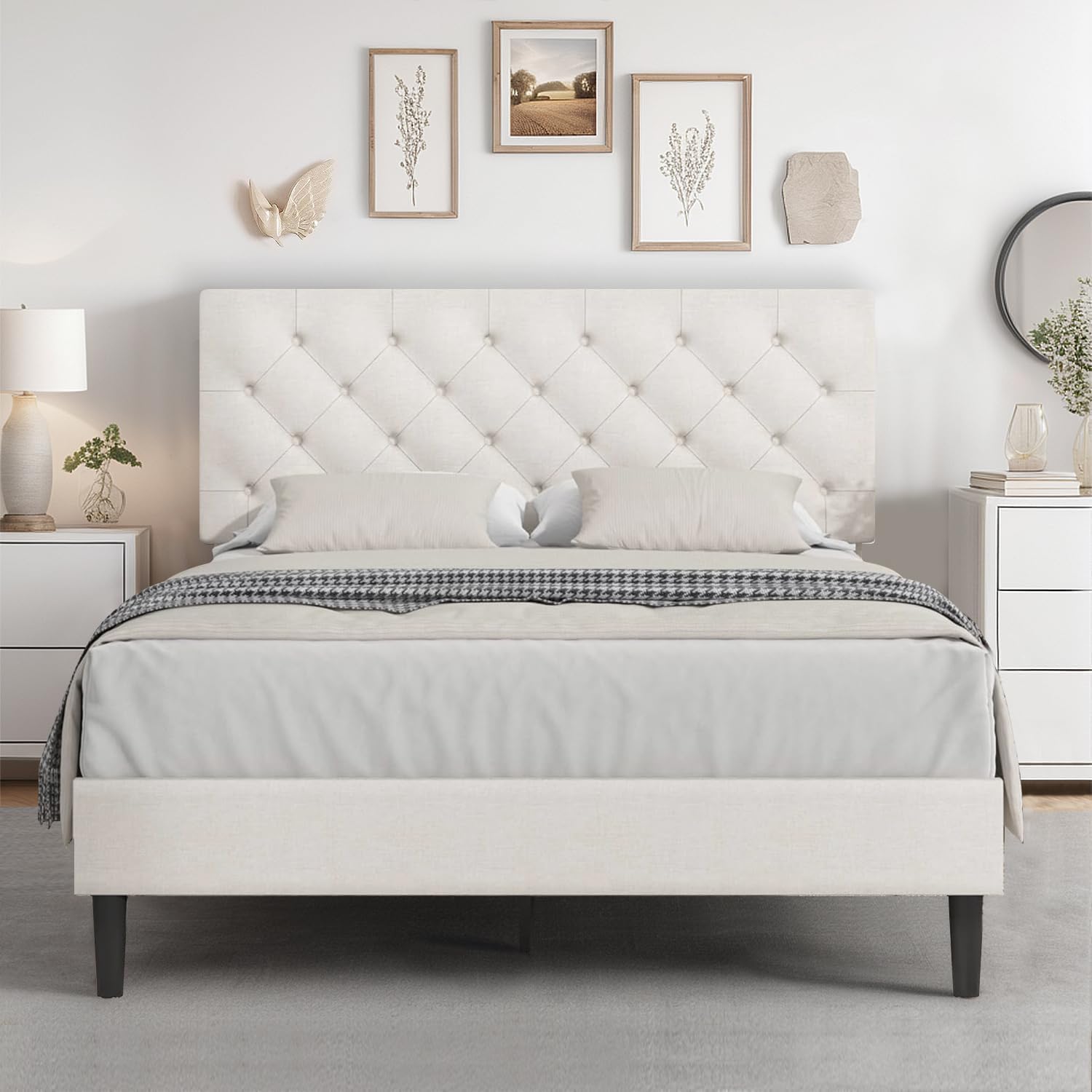Hombck King Size Bed Frame White, Linen Fabric Upholstered Bed Frame With Headboard, Wood Slats, Button Tufted, No Box Spring Needed, Easy Assembly, White
