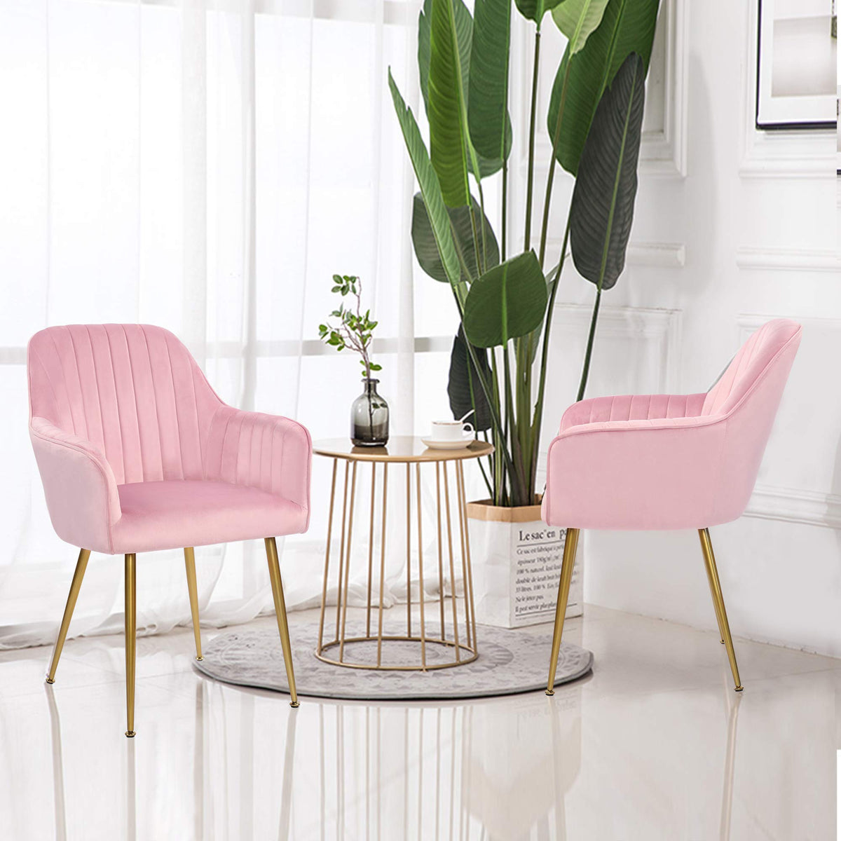 Thksbought Set Of 2 Velvet Dinning Chairs, Upholstered Accent Chairs With Gold Plating Legs For Living Room Chairs(Pink)