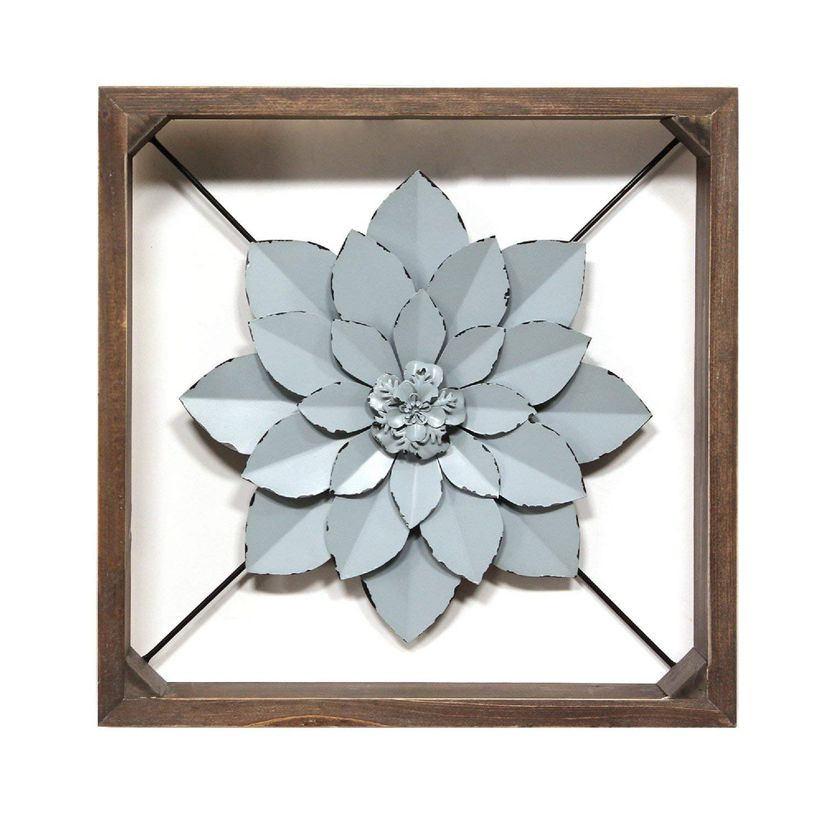 HomeRoots Pale Blue Metal Flower in Walnut Finish Frame