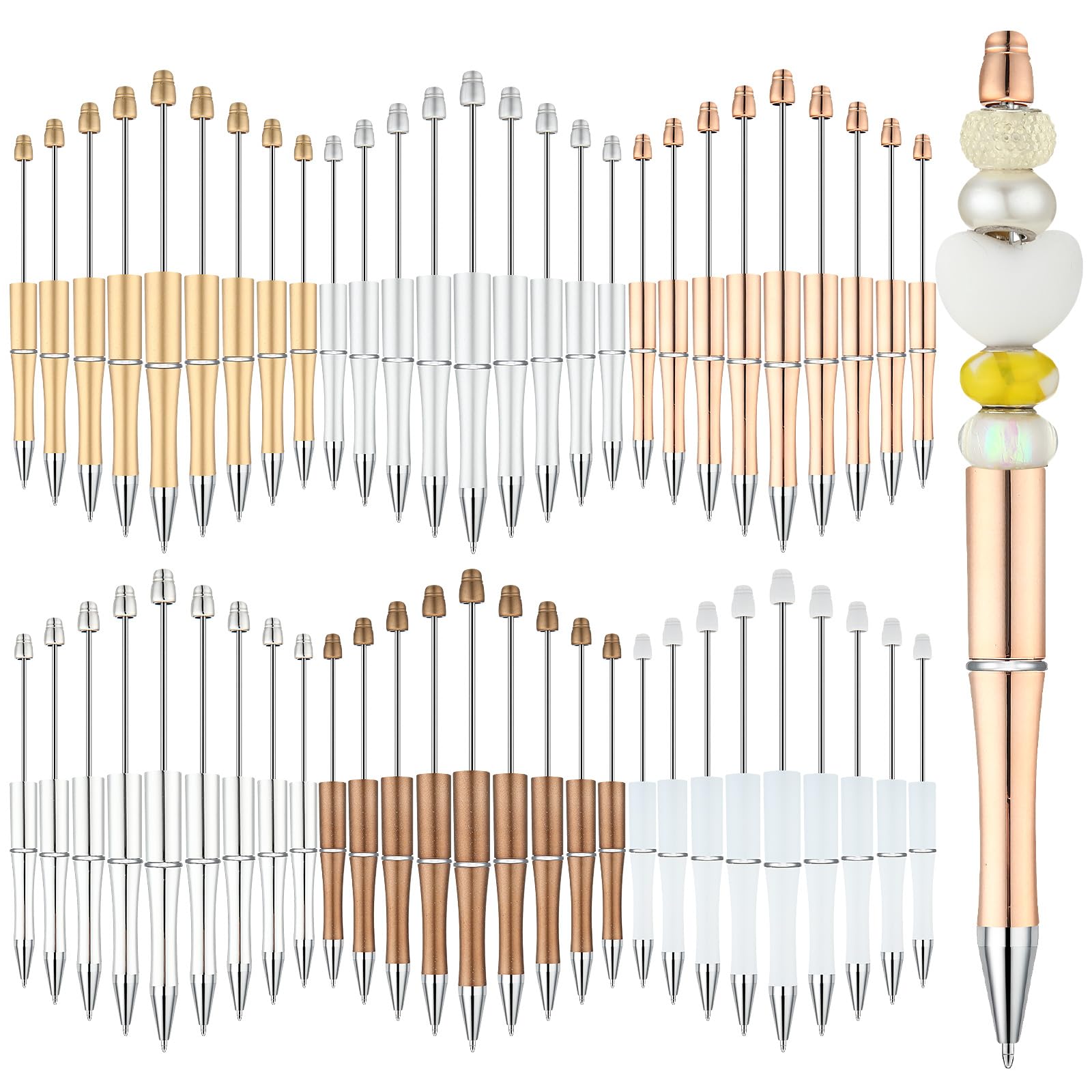 Kosiz 60 Pieces Plastic Beadable Pen Beaded Black Ink Ballpoint Pens For Kids Students Presents Office School Supplies(Gold, Sli