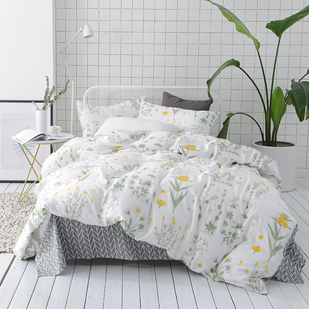Eavd Yellow Floral Full Comforter Set White Soft Microfiber Chic Garden Floral Leaves Botanical Bedding Set 1 Floral Comforter W