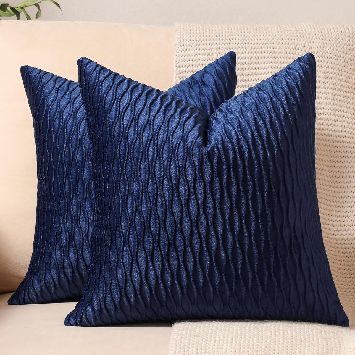Dezene Navy Striped Couch Pillow Cases: 2 Pack 22X22 Inch Original Velvet Square Throw Pillow Covers For Farmhouse Home Decor