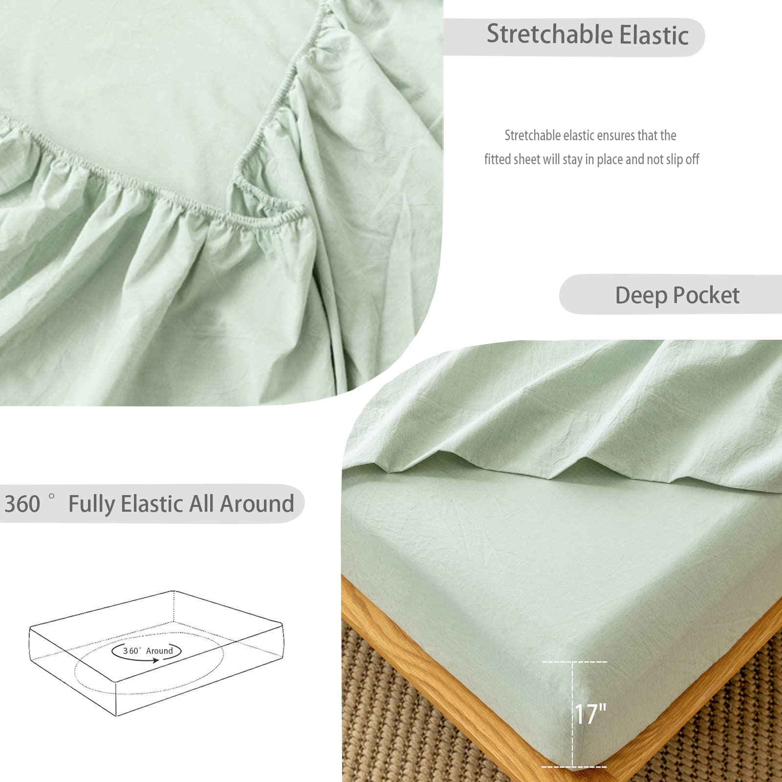 Moomee Fitted Bottom Sheet Only 100% Washed Cotton Linen Like Textured Breathable Durable Soft Comfy Deep Pocket Fits Mattress U