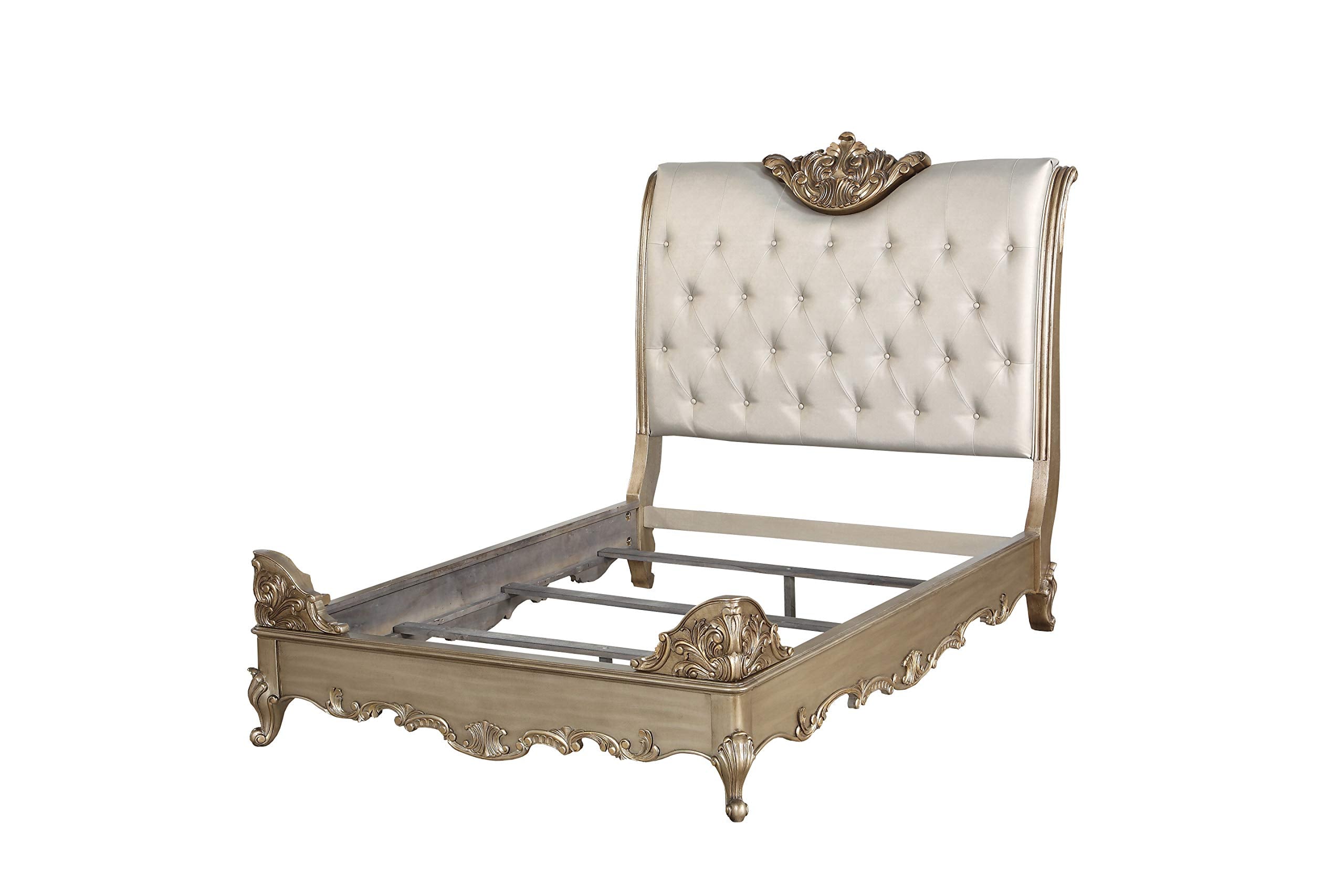 Acme Orianne Queen Bed,Champagne Leatherette and Antique Gold