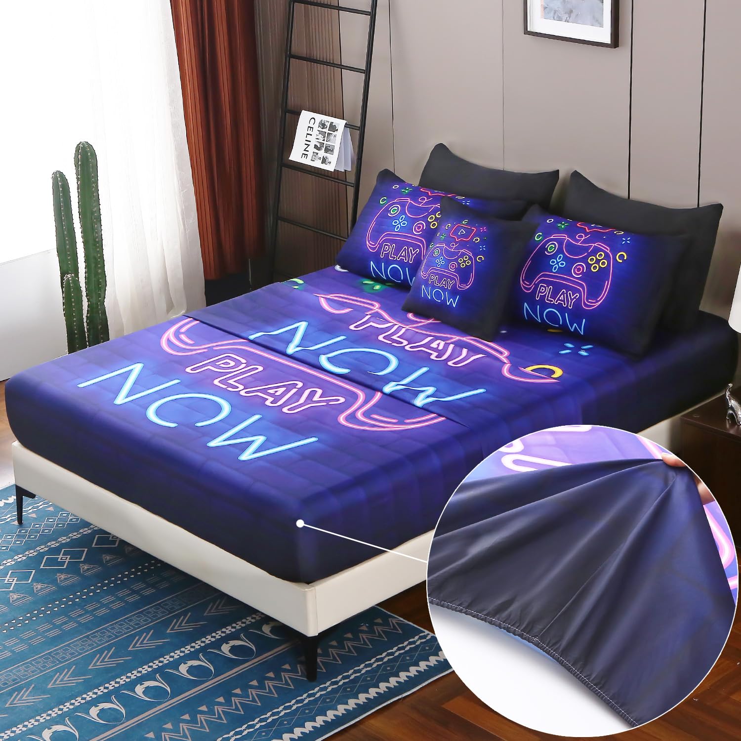 Jqinhome Full Gamer Comforter Set 8 Piece Bed In A Bag For Boys,3D Neon Light Up Design For Classic Console -All Season Soft Mic