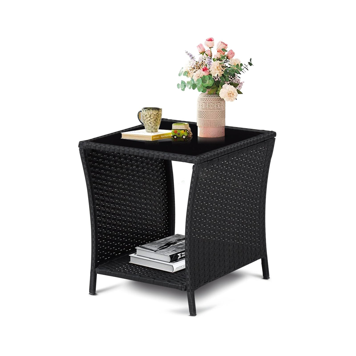 Fizzeey Outdoor Side Table - Outdoor Wicker End Side Tables For Patio With Storage Shelf, Black