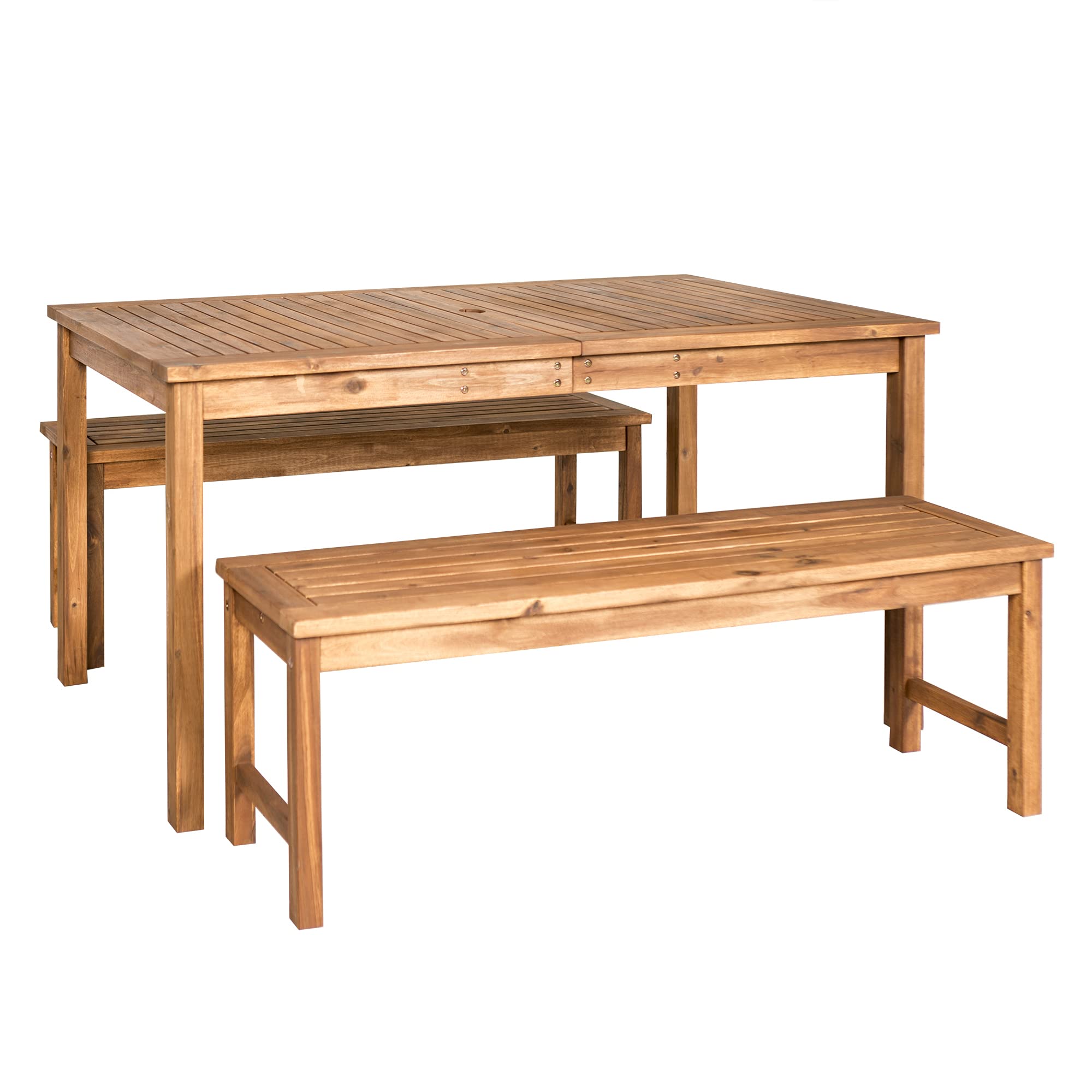 Walker Edison Dominica Contemporary 3 Piece Slatted Acacia Wood Outdoor Dining Table And Bench Set, Set Of 3, Brown