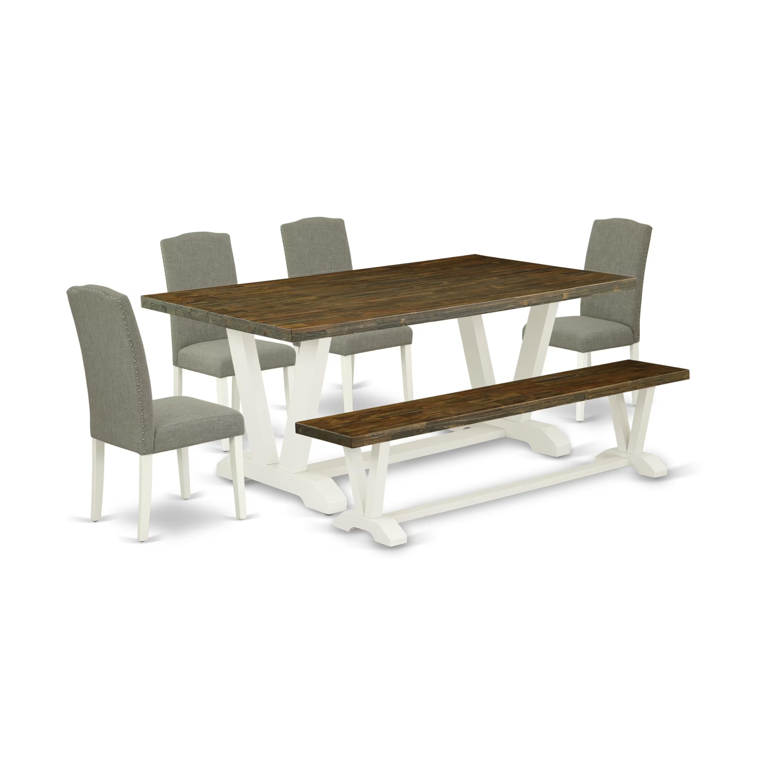 East West Furniture V077En206-6 6 Piece Dinette Set Contains A Rectangle Dining Table With V-Legs And 4 Dark Shitake Linen Fabric Parson Chairs With A Bench, 40X72 Inch, Multi-Color