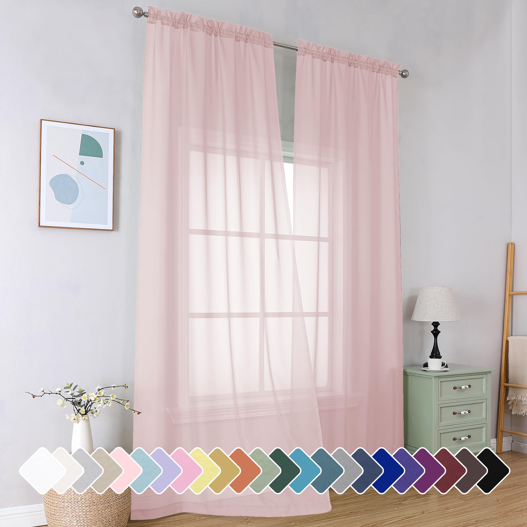 Simplebrand Blush Sheer Curtains 96 Inches Long, Light Filtering Light Purple Rod Pocket Solid Color Window Sheer Curtain Panels