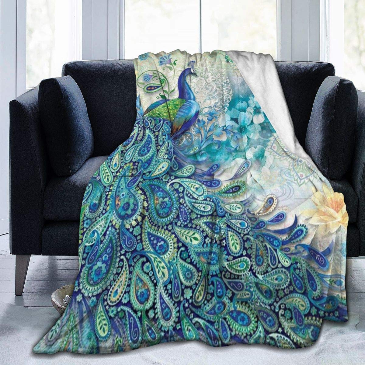 Peacock And Vintage Botanical Flannel Fleece Blanket Ultra Soft Cozy Warm Throw Lightweight Blanket Microfleece Blanket For Home
