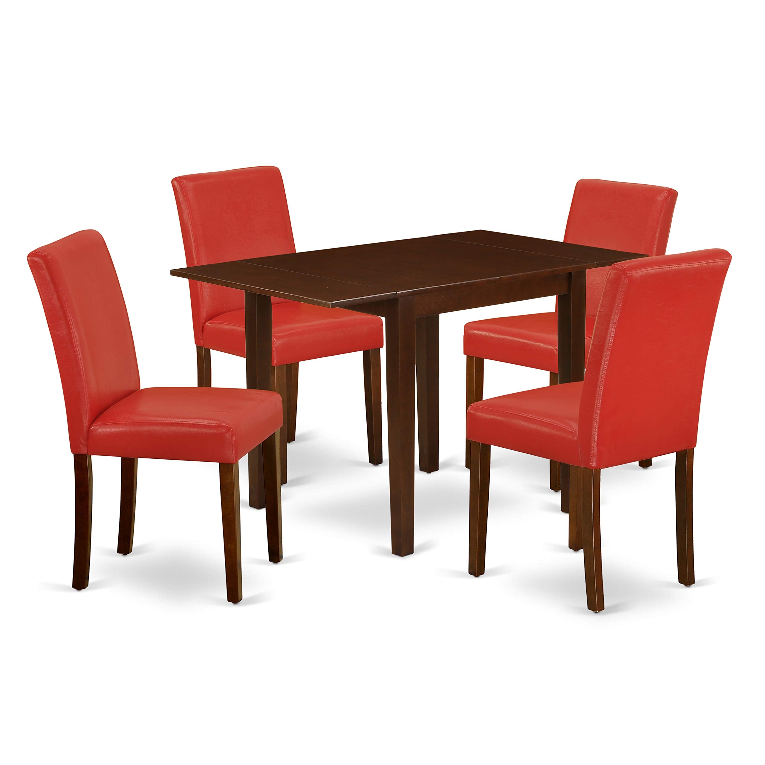 East West Furniture 1NDAB5-MAH-72 5 Piece Dining Set Includes a Rectangle Kitchen Table with Dropleaf and 4 FireBrick Red Faux Leather Upholstered Chairs, 30x48 Inch