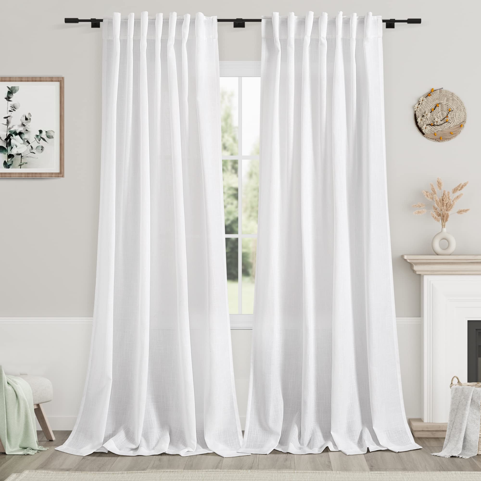 Nanspring Extra Long White Curtain 102 Inches Long 2 Panels Set For Living Room Back Tab Modern Farmhouse Decor Cotton Textured