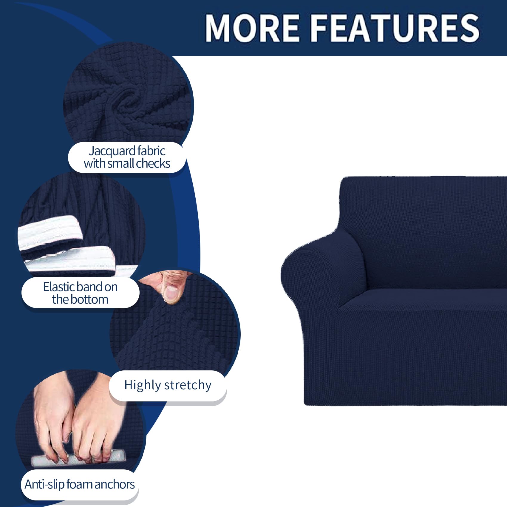 2025 New Stretch Loveseat Sofa Slipcovers Couch Cover For 2 Cushion Furniture Protector Sofa Covers With Elastic Bottom Jacquard Fabric Small Checks For Pets, Kids - Navy