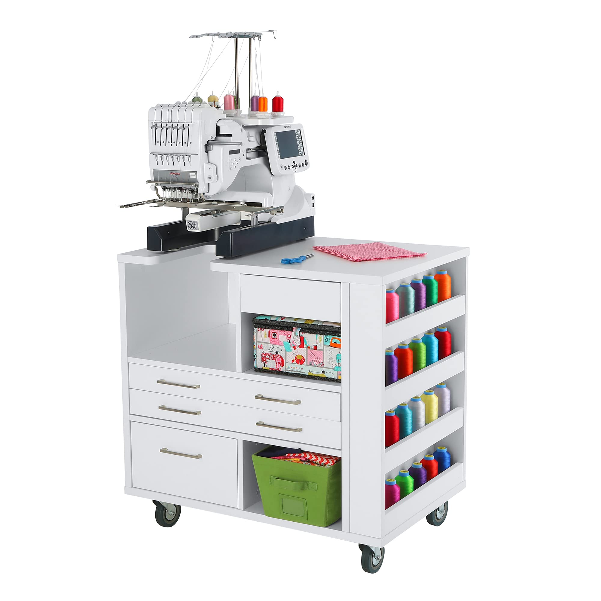 Arrow 9301J Ava Embroidery Multi-Needle Sewing Cabinet For Janome Machines, Portable With Wheels, White Finish