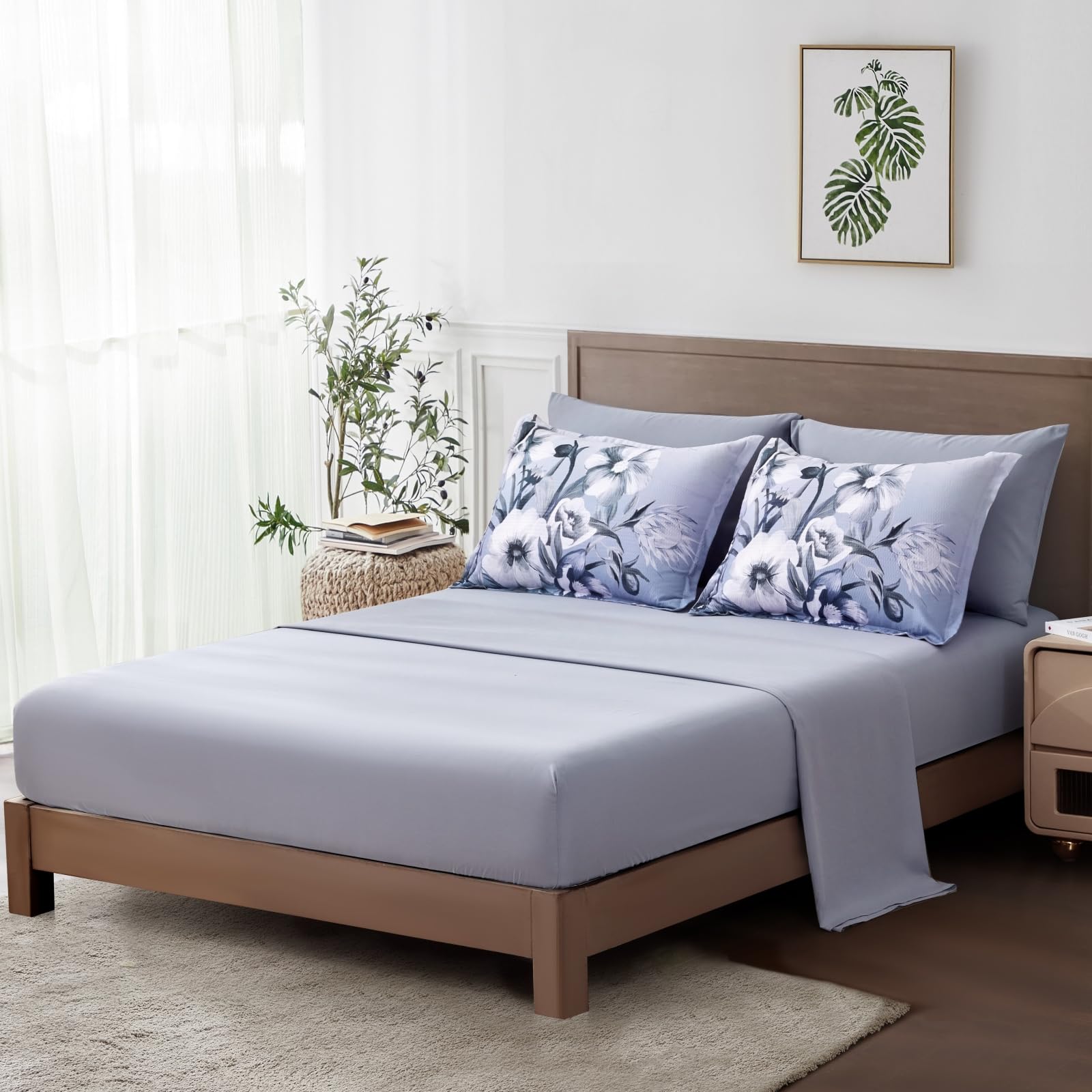 Luxudecor Floral Comforter Set King Size 7 Piece, Blue Flower Bed In A Bag, Elegant Gradient Floral Comforter With Sheet Set, So
