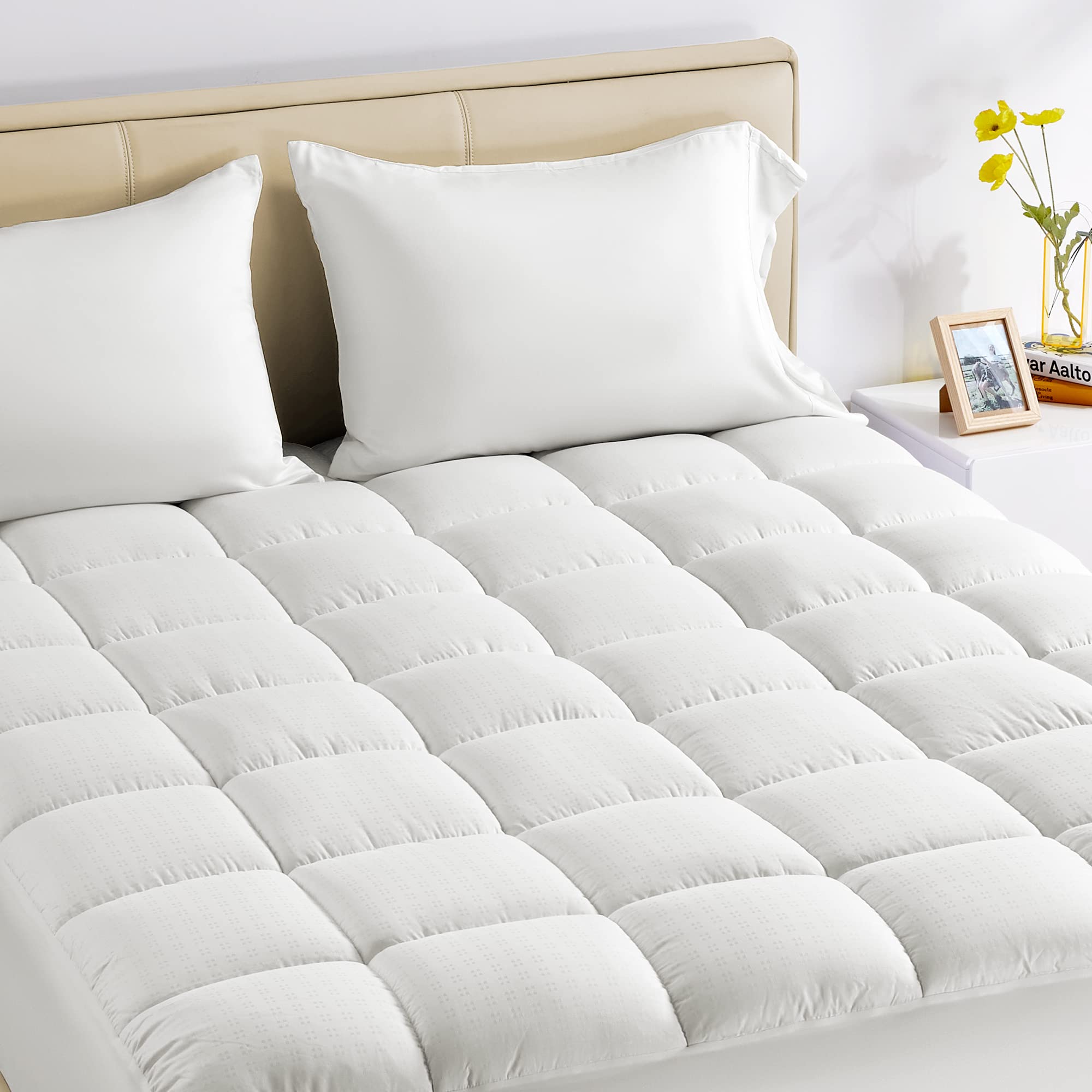 Sleep Zone King Size Cotton Mattress Pad, Soft Fluffy Cotton Top Mattress Topper, Machine Washable Mattress Protector Cover Fits