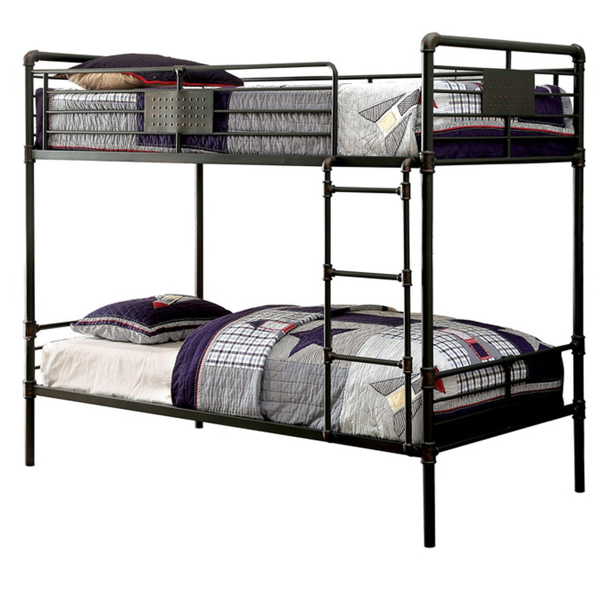 Benjara Benzara Metal Twin Size Bunk Bed With Attached Ladder, Black,