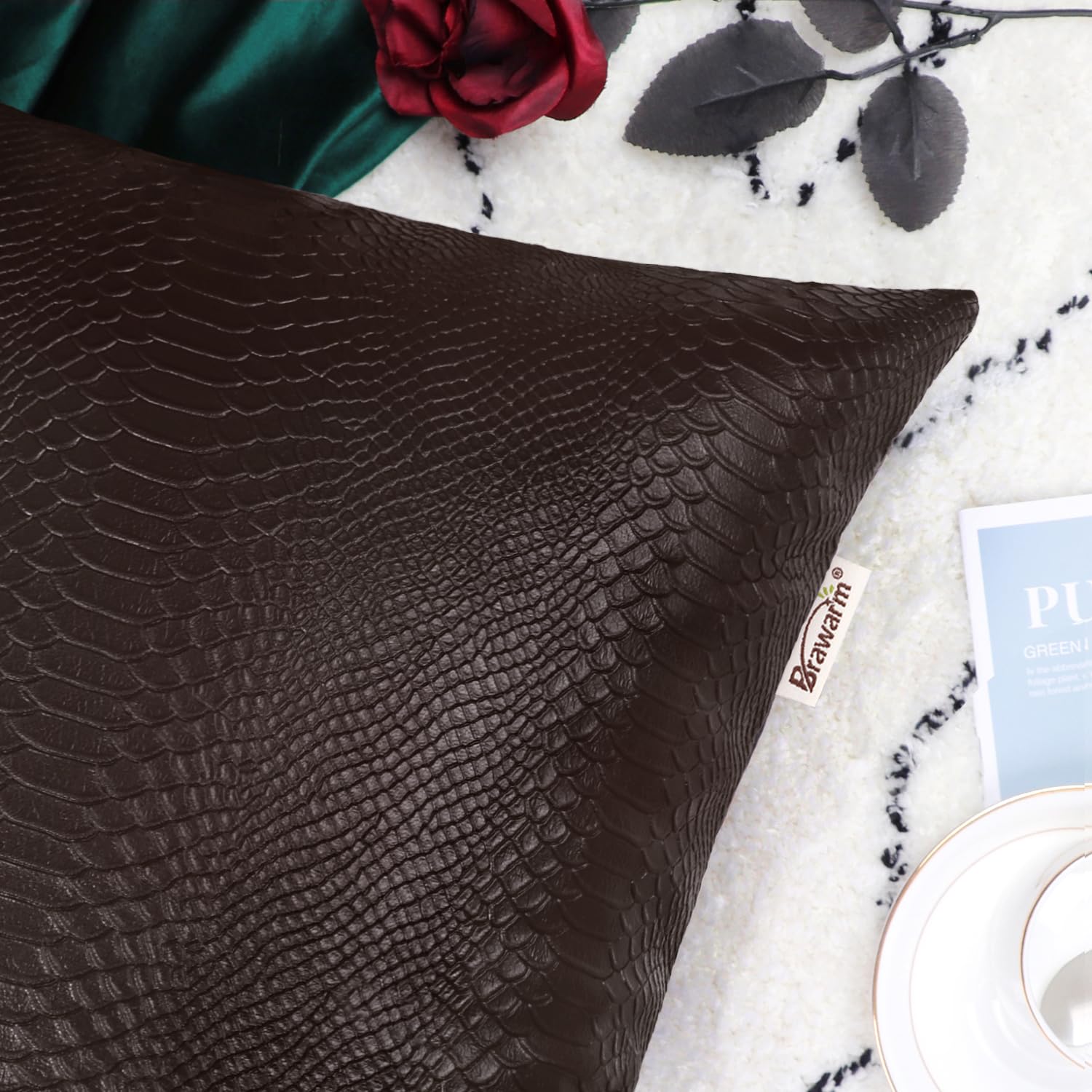 Brawarm Brown Leather Throw Pillows 16 X 16 Inches, Snake Leather Pillow Covers Pack Of 2, Faux Leather Decorative Pillow Covers