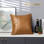 BRAWARM Tan Faux Leather Throw Pillow Cover with Piping, Hand Stitched, 18 x 18 Inches