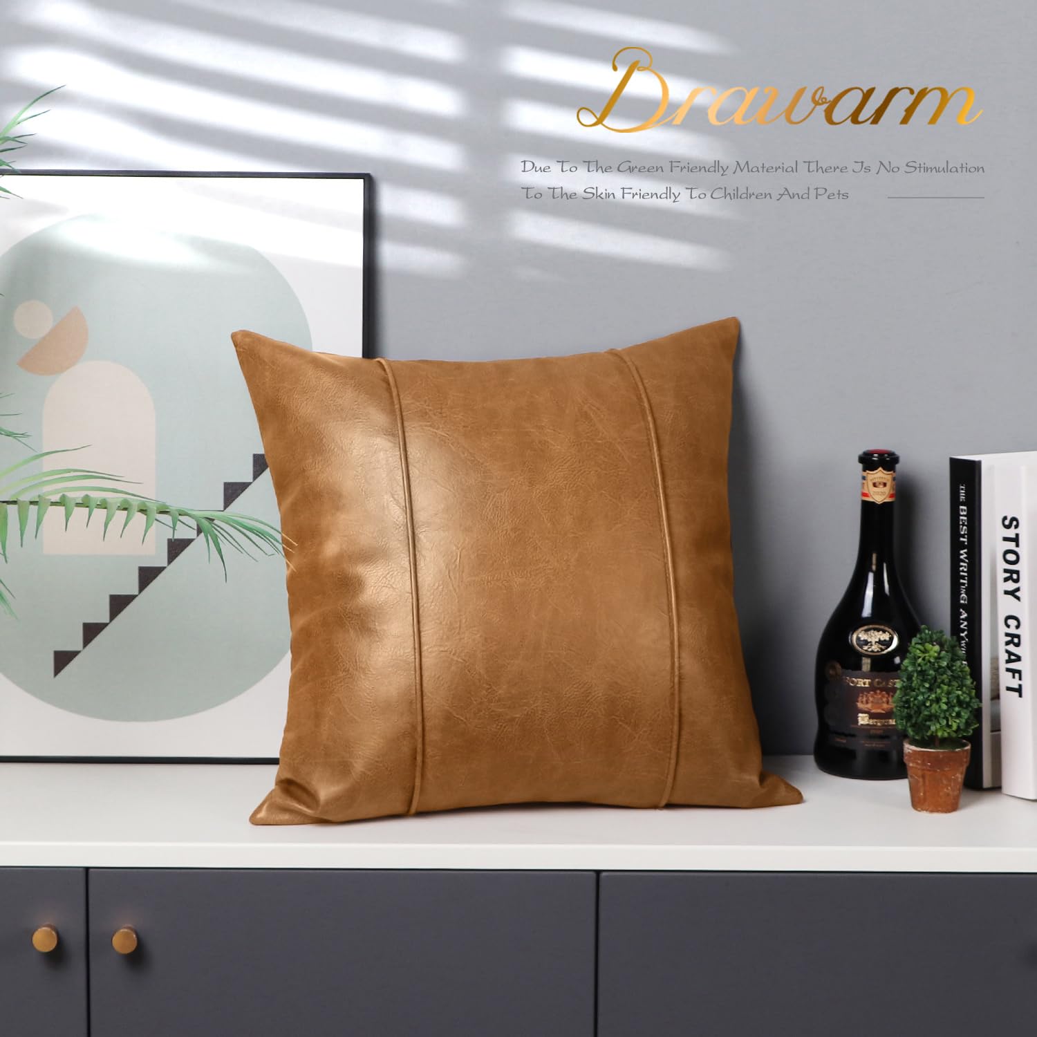 BRAWARM Tan Faux Leather Throw Pillow Cover with Piping, Hand Stitched, 18 x 18 Inches