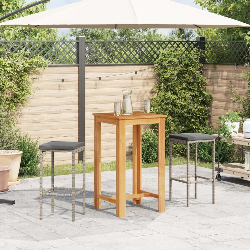 vidaXL 3-Piece Patio Bar Set with Poly Rattan Stools and Solid Acacia Wood Table - Weather-Resistant Outdoor Furniture for Garden, Deck, Gray