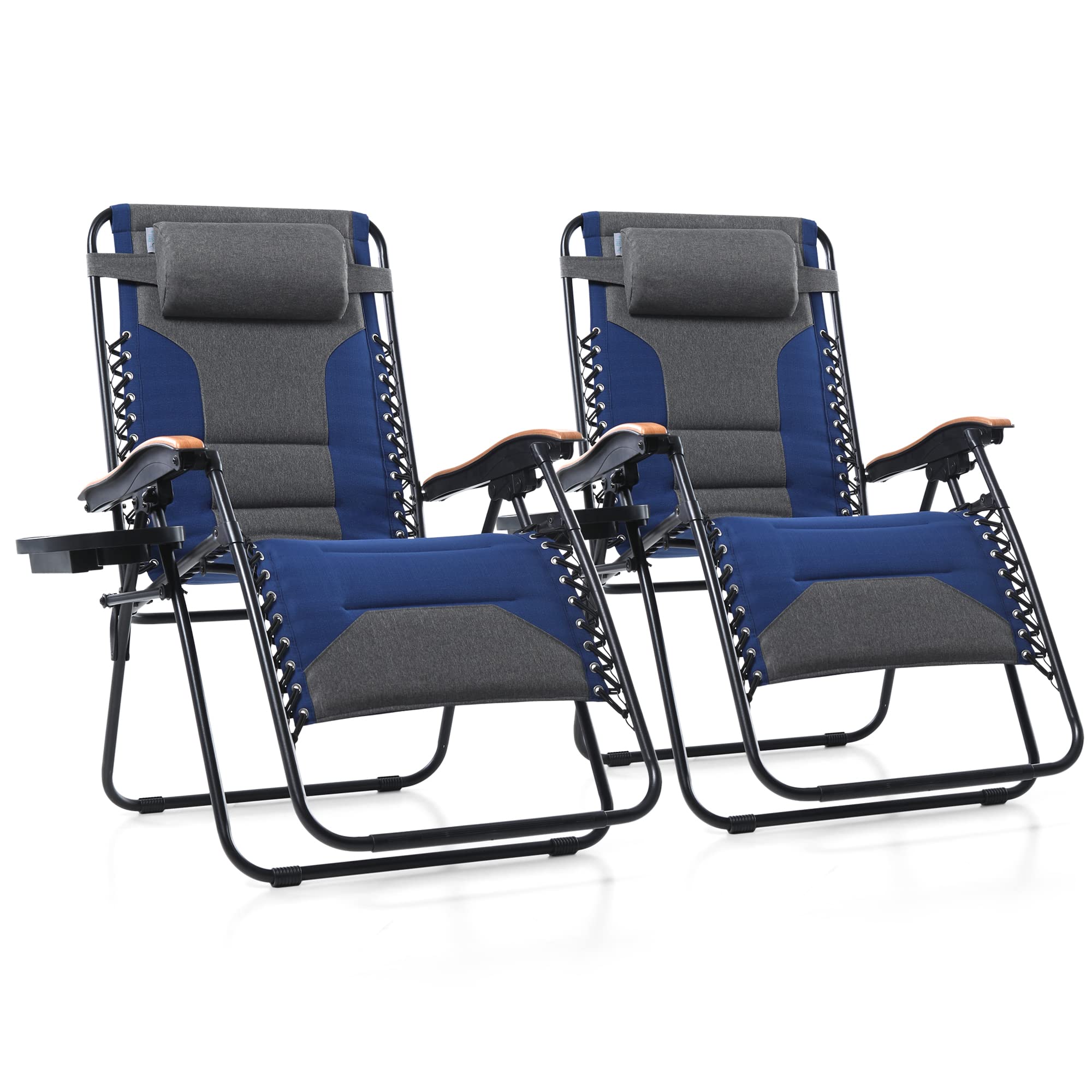 Phi Villa Xxl Oversized Padded Zero Gravity Chair, Foldable Patio Recliner, 30' Wide Seat Anti Gravity Lounger With Cup Holder, Set Of 2, Support 400 Lbs (Thumb Blue)