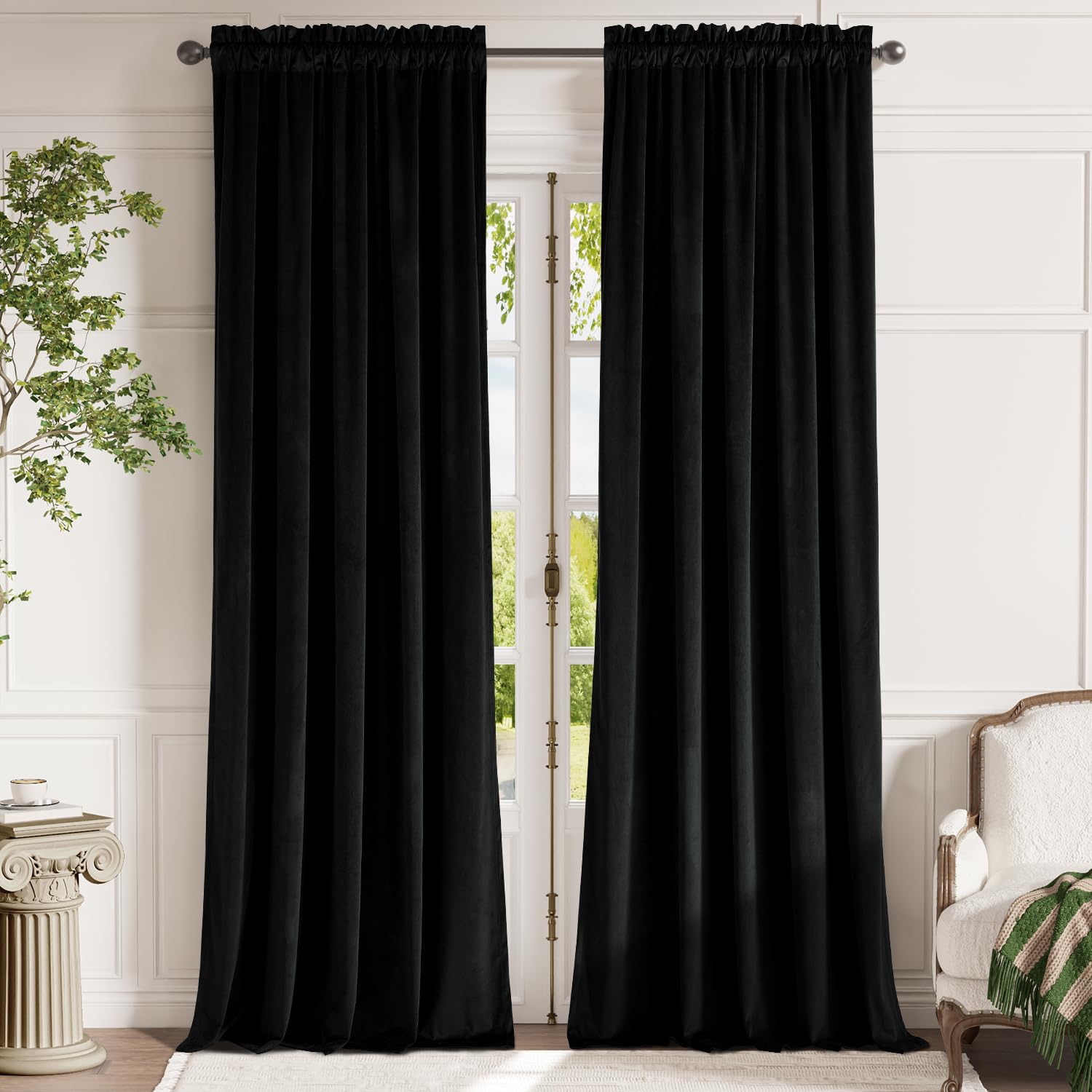 Lazzzy Black Velvet Curtains Thermal Insulated Curtains 108 Inch Long Room Darkening Window Drapes For Bedroom Living Room Luxur