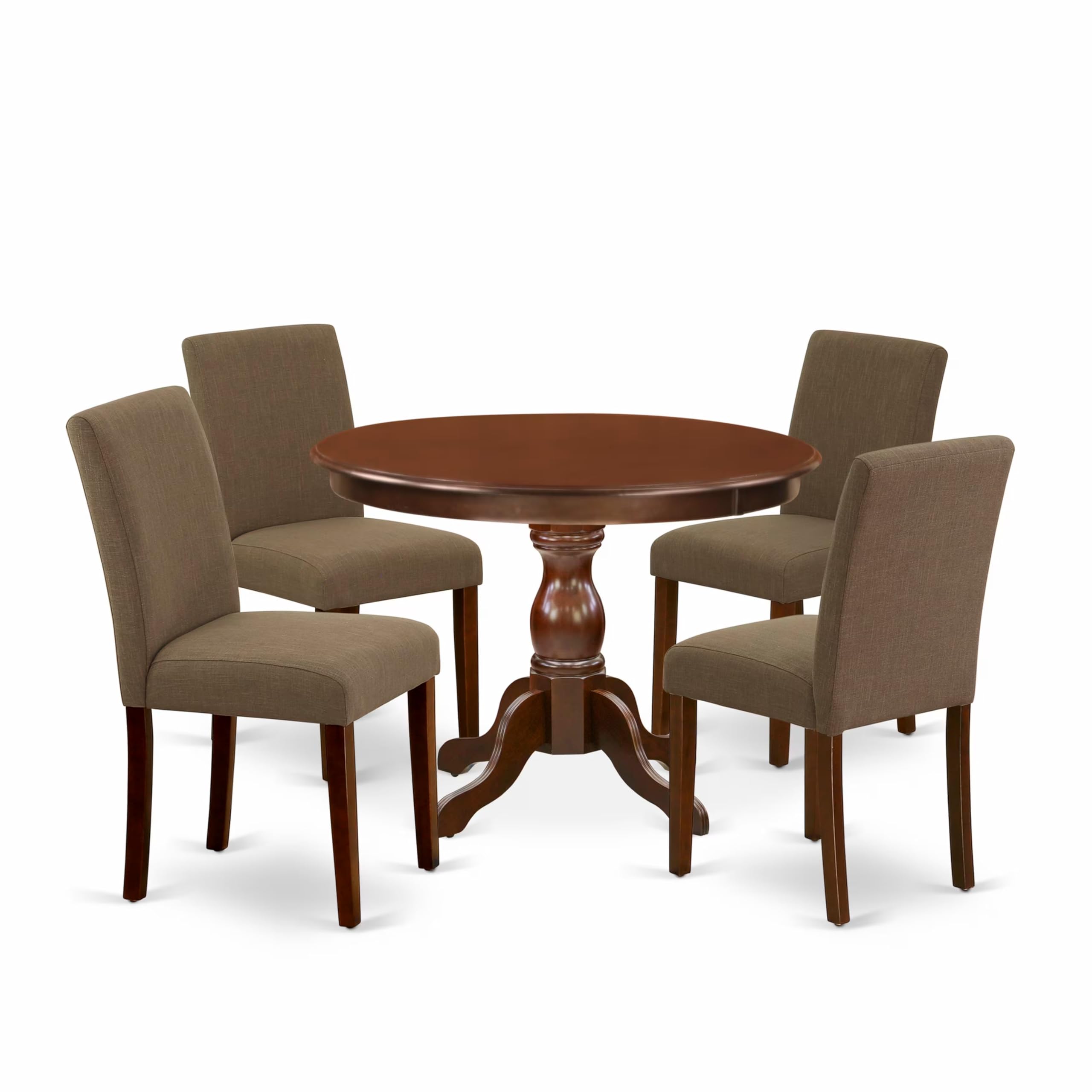 East West Furniture HBAB5-MAH-18 5 Piece Dining Table Set for 4 Includes a Round Kitchen Table with Pedestal and 4 Coffee Linen Fabric Parson Dining Room Chairs, 42x42 Inch, Mahogany