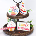 Huray Rayho Birthday Tiered Tray Decor Celebration Wooden Sign Colorful Birthday Party Supplies Make Wish Freestanding Cake Hat 