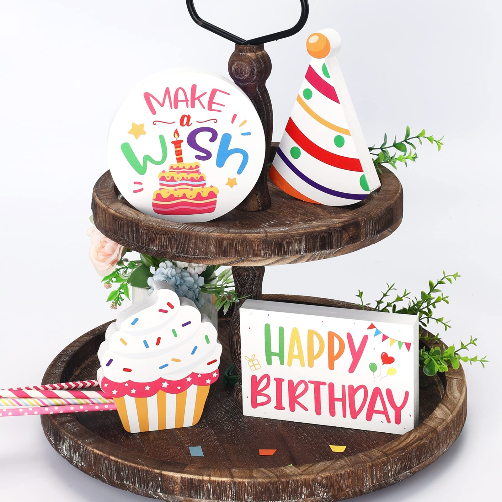 Huray Rayho Birthday Tiered Tray Decor Celebration Wooden Sign Colorful Birthday Party Supplies Make Wish Freestanding Cake Hat 