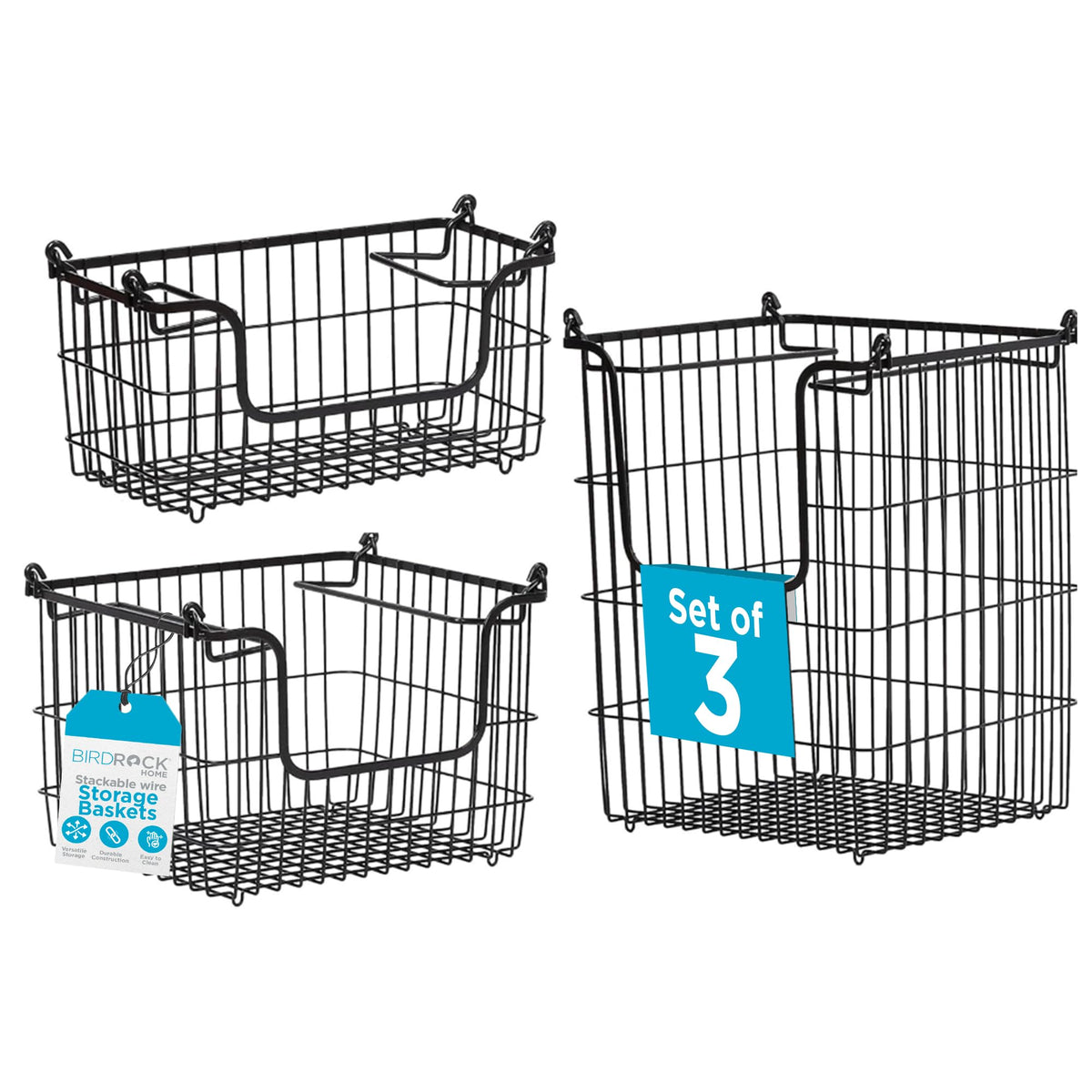 BIRDROCK HOME 3pc Stackable Wire Storage Baskets Bins  Fruit Vegetable Organizer  Modern Farmhouse  Pantry Cabinet  Metal Bi