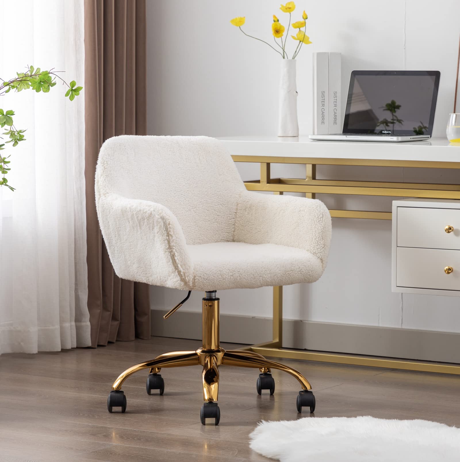 Modern Faux Fur Home Office Chair, Upholstered Elegant Chair Makeup Vanity Chair For Teen Girls Swivel Desk Chair With Gold Base