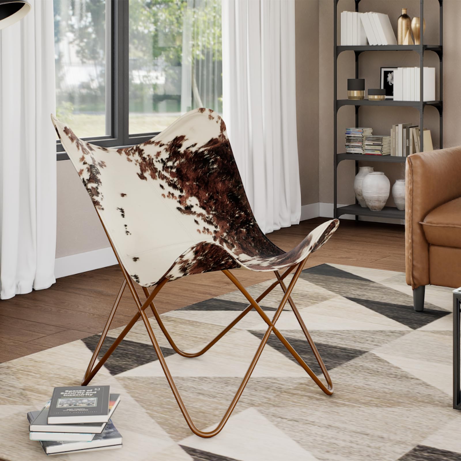 vidaXL Butterfly Chair, Lightweight Armchair with Powder-Coated Steel Frame, Comfortable Genuine Goat Leather, Versatile Utility 17.91" x 25.79" x 4.13", Brown & White