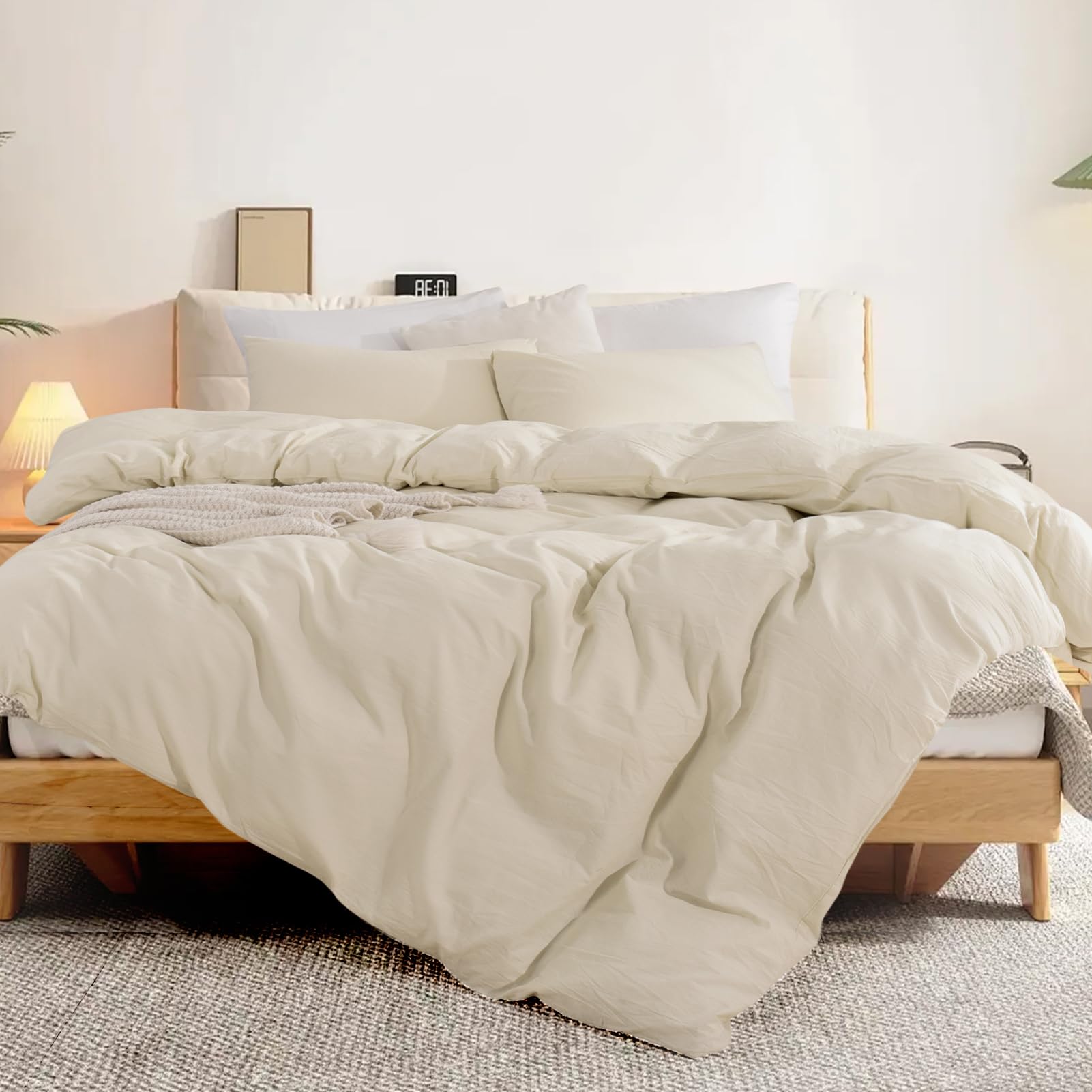 Nexhome Pro Duvet Cover Set Queen Size Linen Feel Textured Cream Grey Organic Natural 100% Washed Cotton Duvet Cover 3 Pieces Bedding Set With Zipper Closure, Breathable, Soft (No Comforter)