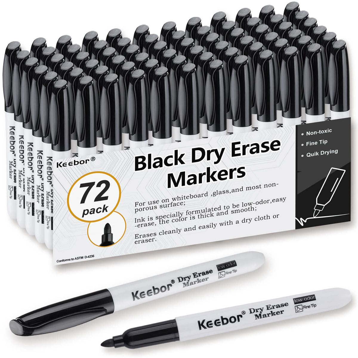 Keebor Basic Fine Tip Dry Erase Markers Black, 72 Count Low-Odor Whiteboard Markers Bulk, Office Supplies