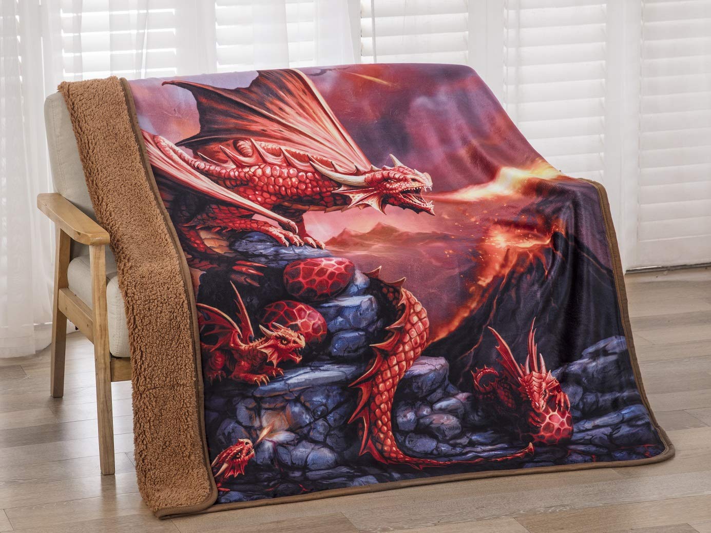 Anne Stokes Signature Silk Touch Sherpa Lined Throw Blanket (Fire Dragon)