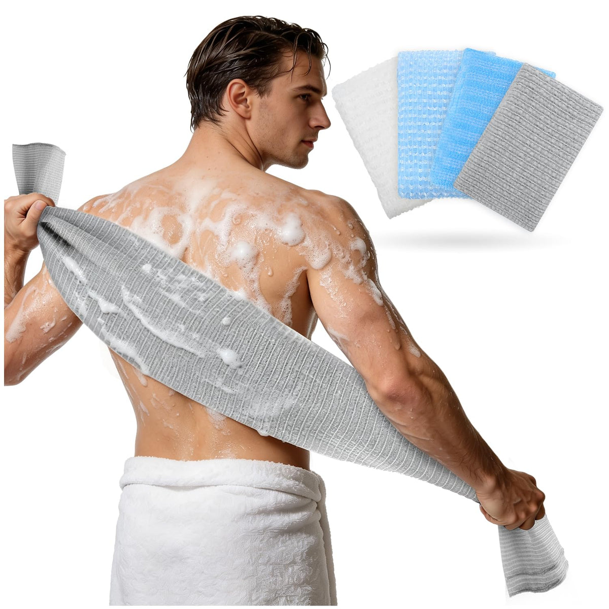 4 Pack Exfoliating Washcloth Towels, Extra Long Back Scrubber for Shower