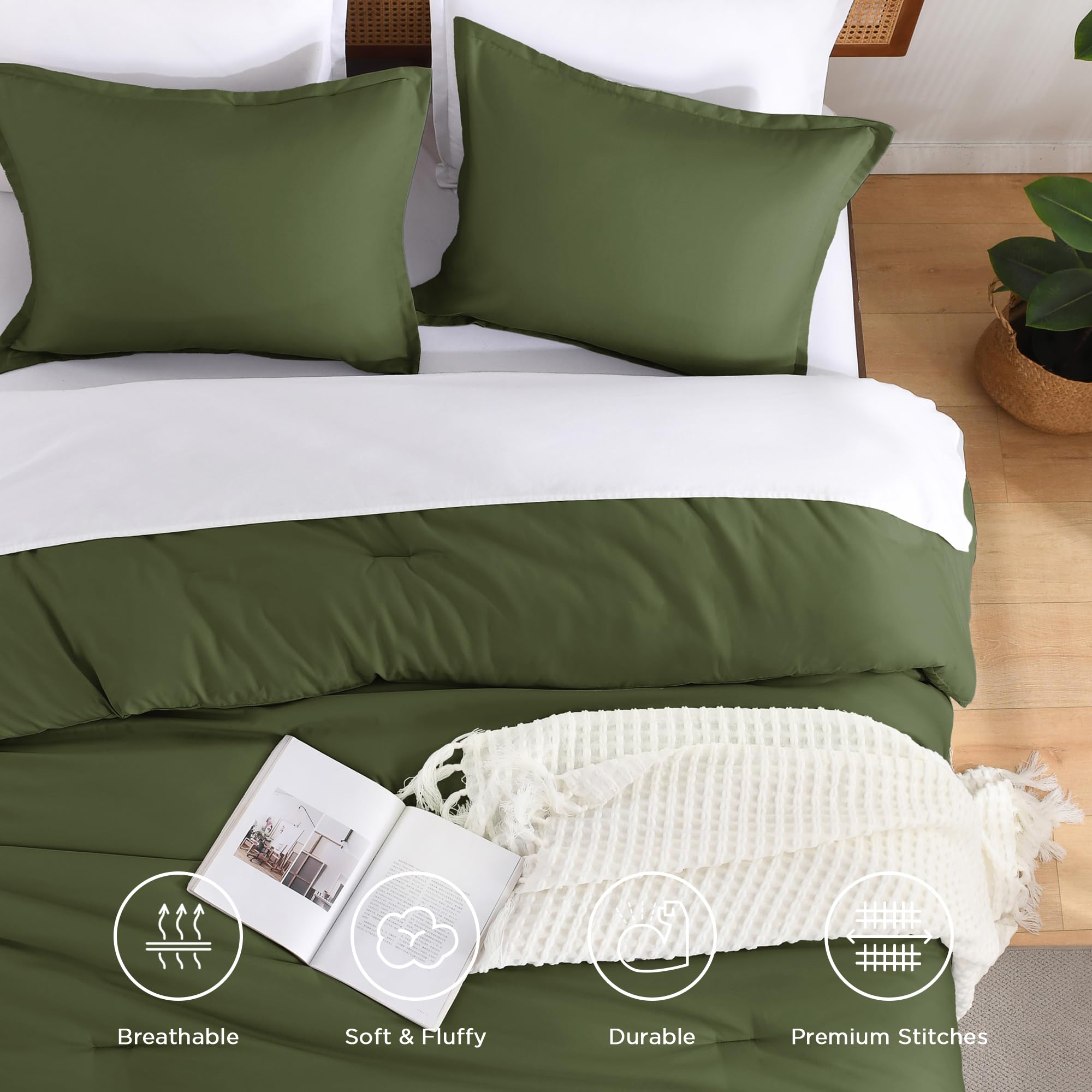 Andency Olive Green Full Size Comforter Set, Solid Comforter Set 3 Pieces (1 Boho Comforter & 2 Pillowcases), Lightweight Fluffy Vintage Olive Bed Comforter Set For All Season