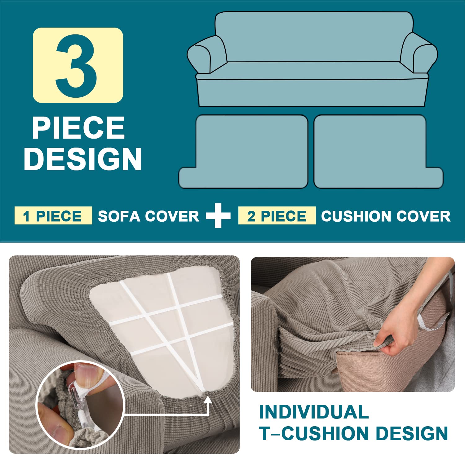 Turquoize 3 Piece T Cushion Loveseat Slipcovers Sofa Cover For 2 Cushion Couch Cover Washable Sofa Slip Cover Furniture Covers With 2 Individual T Cushion Seat Covers (2 Cushion Loveseat, Taupe)