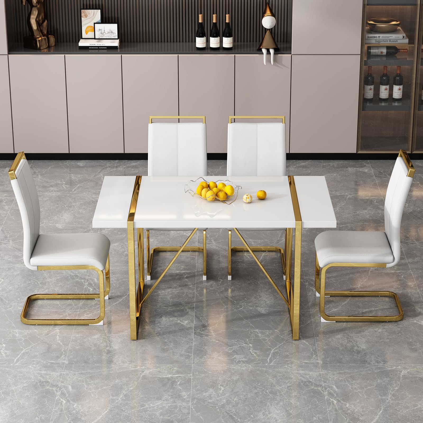 Ebullient White Dining Table Set For 4,Rectangular Mdf Dining Table And White Faux Leather Dining Chairs, 5 Piece Dining Table S