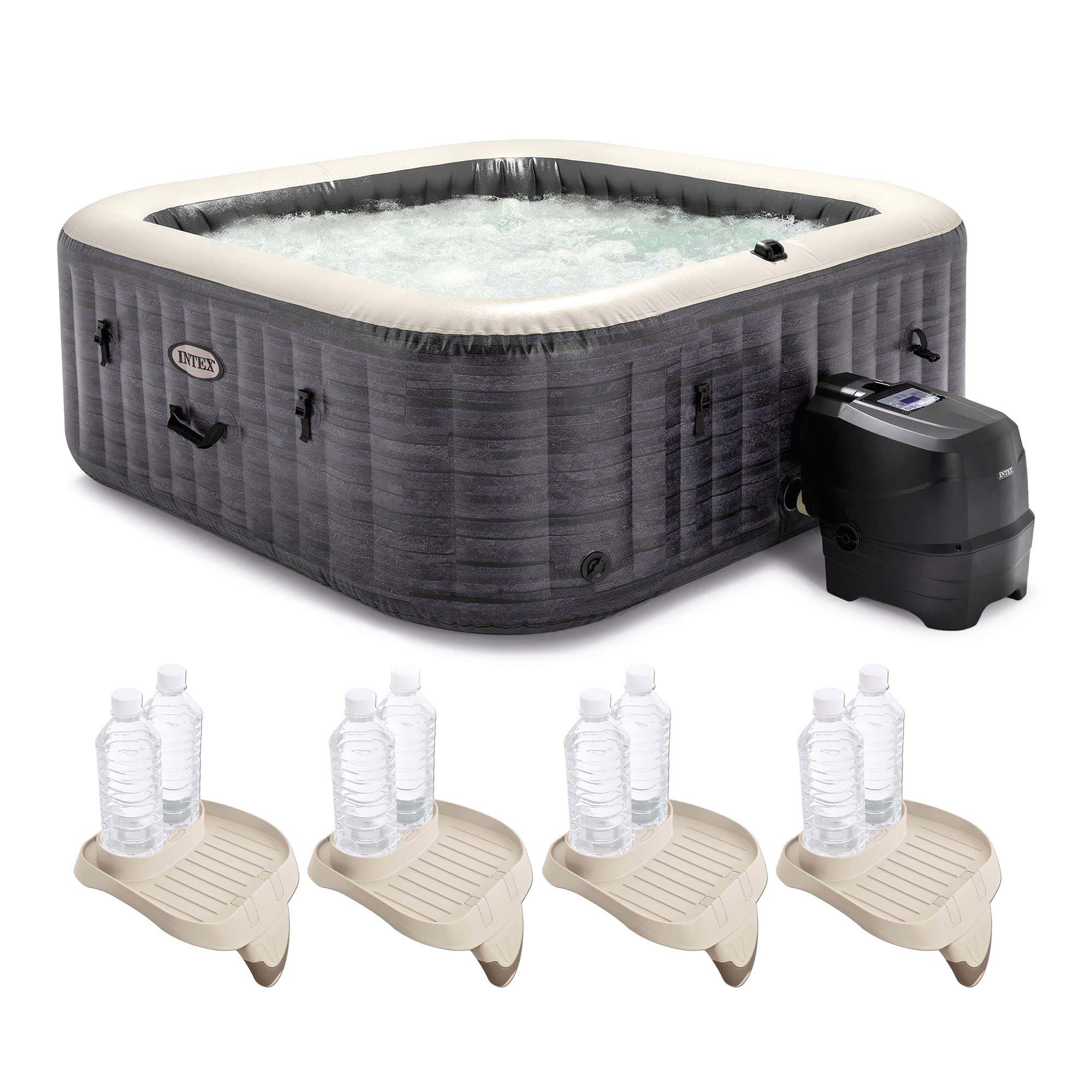 Intex Purespa Plus 94 Inch X 28 Inch Inflatable Square Hot Tub Spa With Attachable Cup Holder And Set Of 4 Refreshment Tray Acce