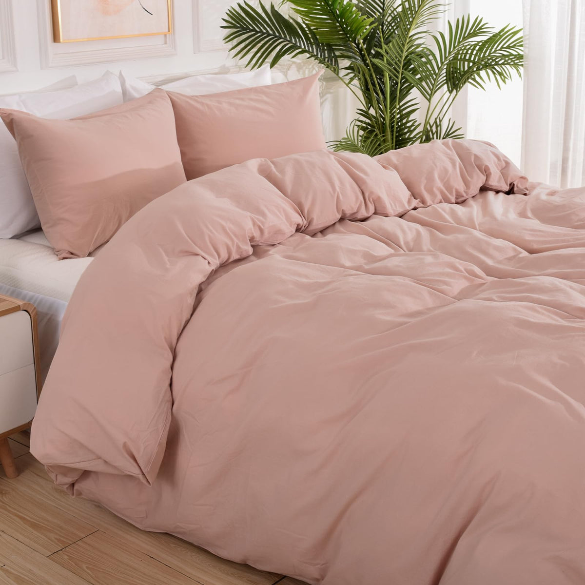 Nexhome Pro Duvet Cover Set Oversized Queen 92'X98' Linen Look Textured Organic Natural 100% Washed Cotton 3 Pieces Bedding Set With Zipper Closure, Breathable, Soft, Pink (No Comforter)