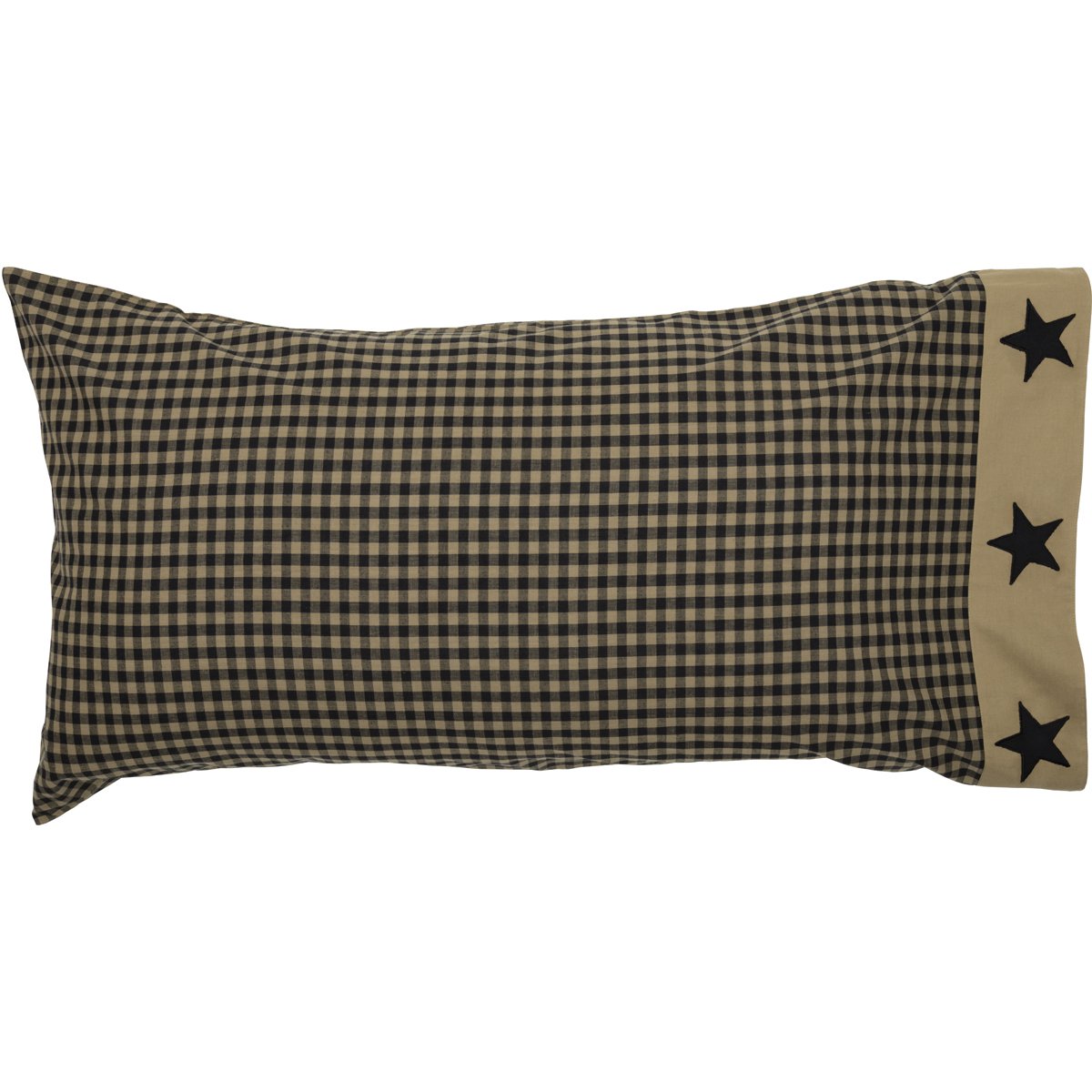 Vhc Brands Check Star Cotton Primitive Bedding Appliqued King Pillow Case Set Of 2, Raven Black