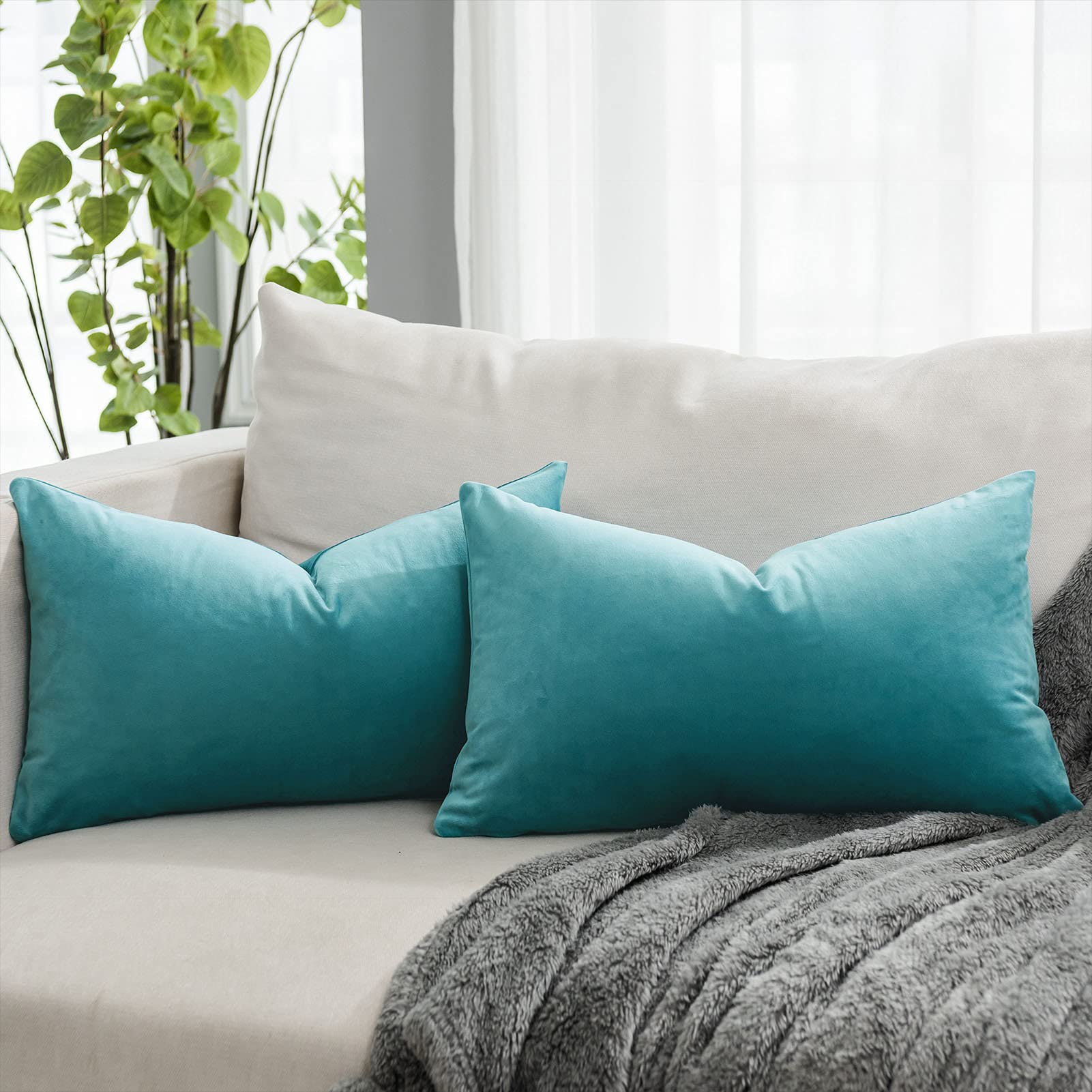 Quafoo Seafoam Decorative Lumbar Velvet Throw Pillow Covers 12X20 Inch Set Of 2 With Zipper Luxury Soft Solid Rectangle Cushion