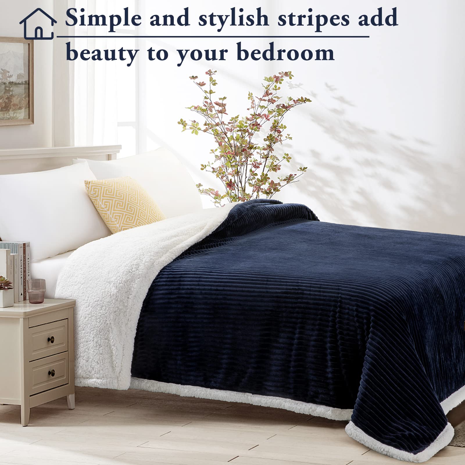 Lbro2M Striped Sherpa Fleece Bed Blanket Twin Size, Super Soft Fuzzy Plush Warm Cozy Fluffy Microfiber Couch Throw Velvet Double Reversible Luxurious Blankets (65X90),Navy Blue