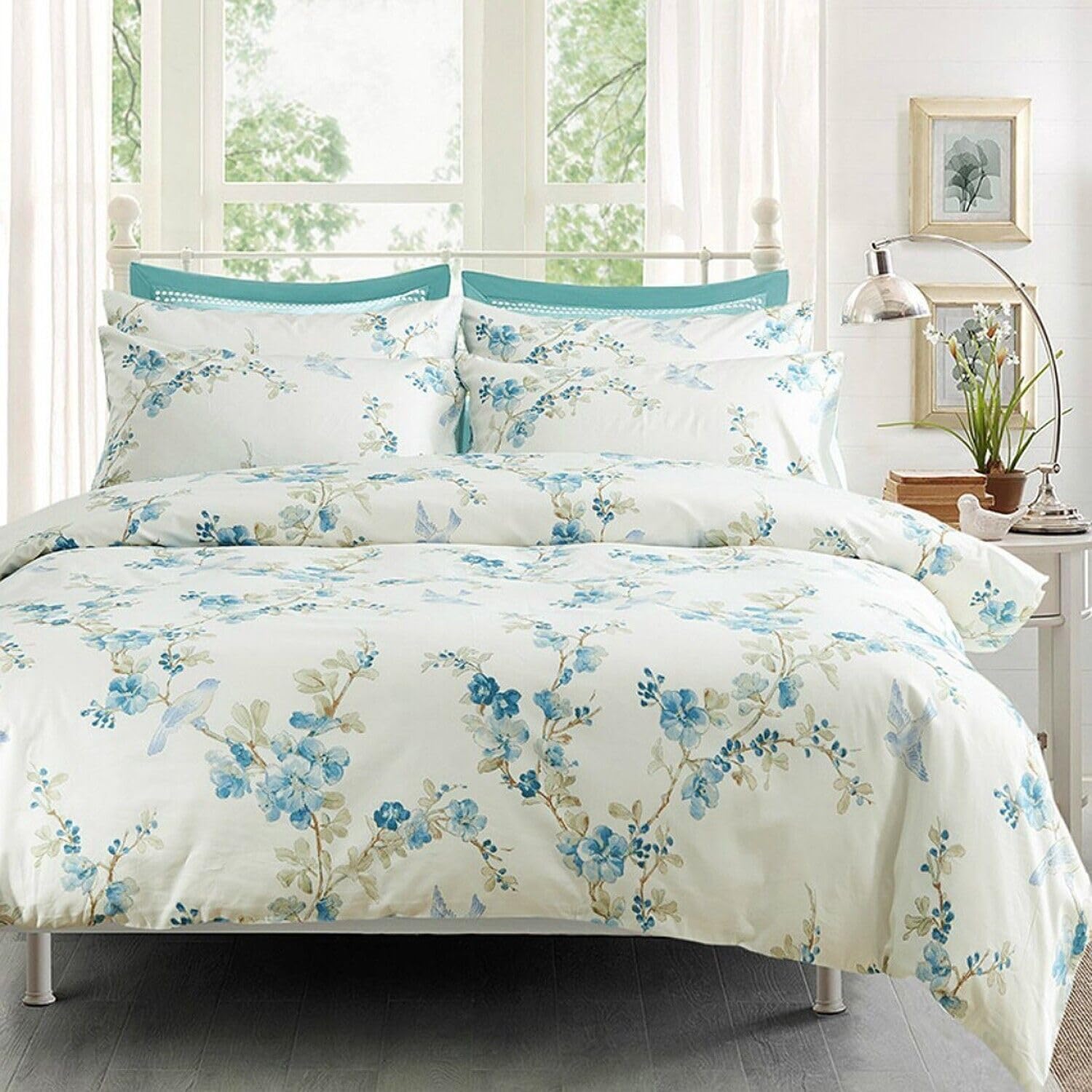 Mixinni Blue And White Floral Duvet Cover King Long Staple Cotton Reversible Design Duvet Cover Set, Cute Flowers Birds Bedding