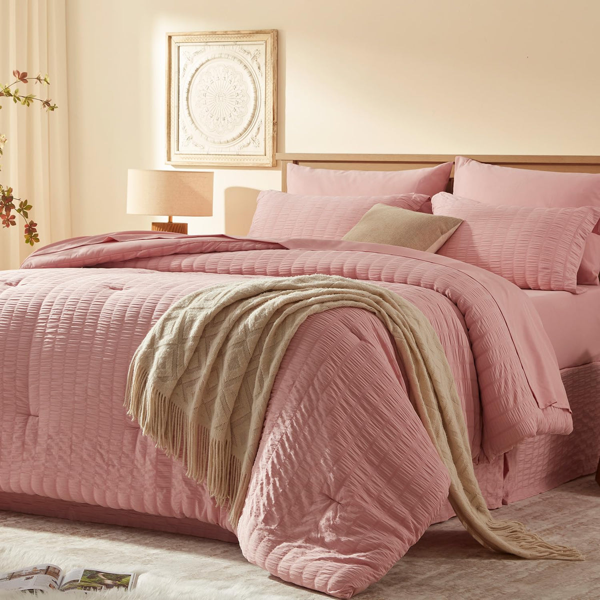 Laojin Balhen Queen Comforter Set 8 Pieces, Seersucker Bed In A Bag Queen, Pink Comforter With Sheets, Comforters Queen Size Bed