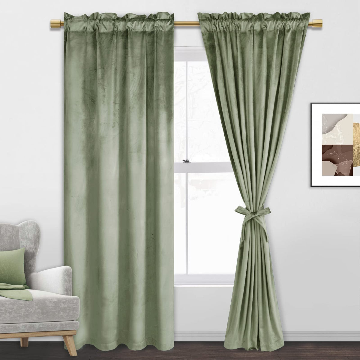Jiuzhen Sage Green Velvet Curtains For Bedroom - 72 Inch Length Thermal Insualted Room Darkening Rod Pocket Blackout Drapes For